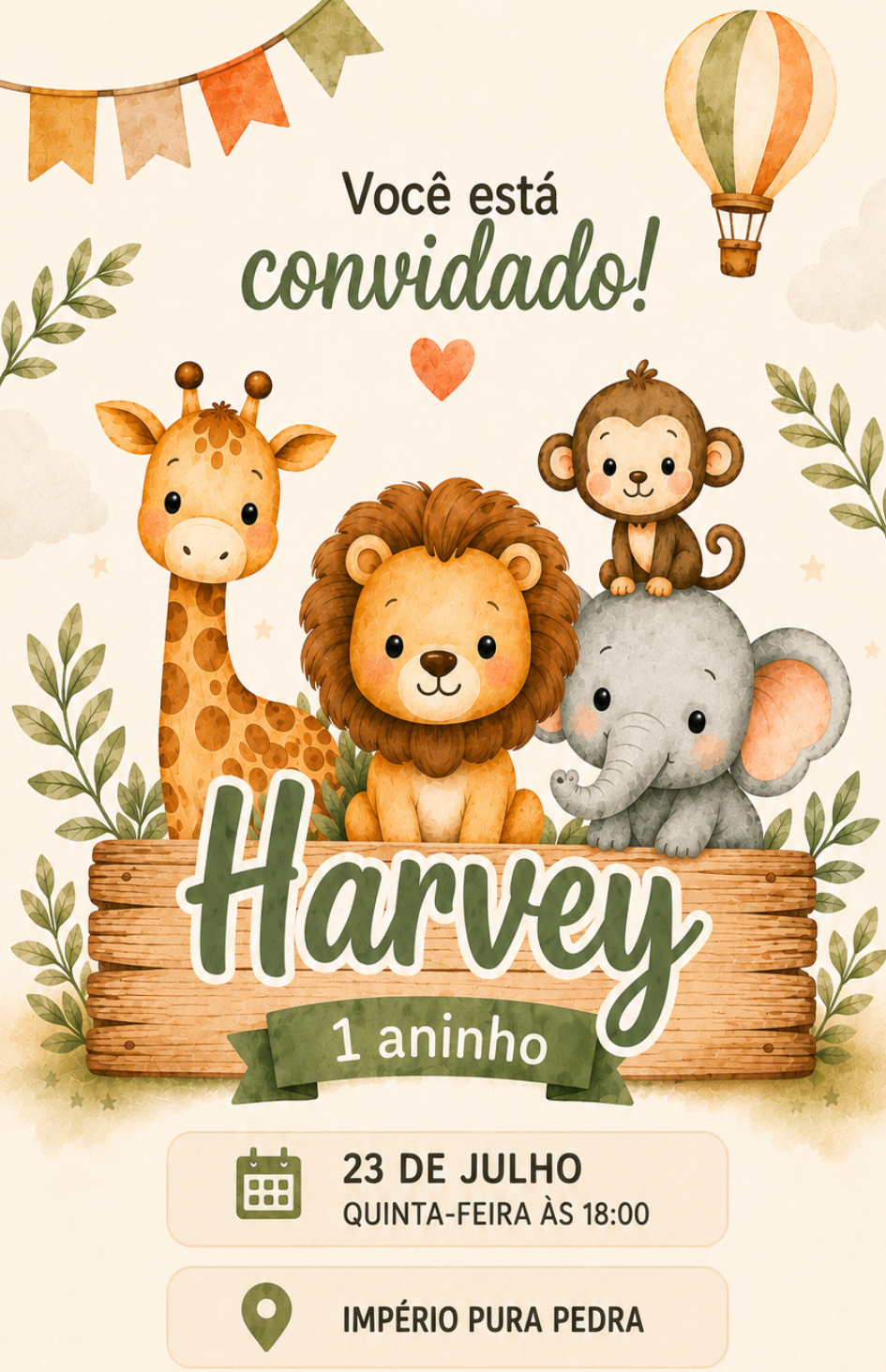Convite de aniversário do Harvey - 1 aninho, tema safari